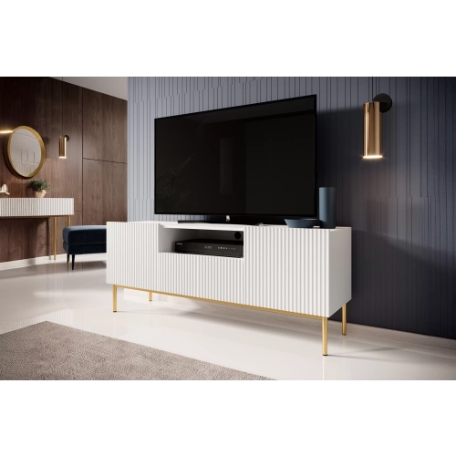 Szafka RTV Nicole 150 cm z szufladą i wnęką - biały mat / złote nóżki